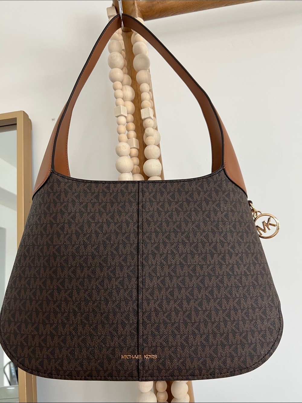Michael Kors Dark Brown Signature Hobo Shoulder Bag with Tan Accents